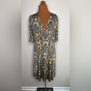 Clues Floral Deep V Neck Dress Multicolor Short Sleeve Size XL